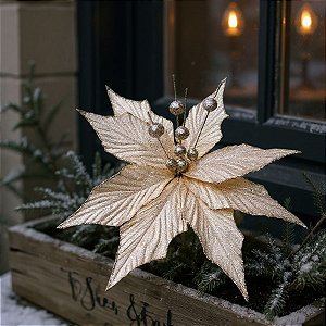 Poinsétia Decorativa - Champagne/Dourado e Glitter - 31cm - 1 unidade - Cromus - Rizzo