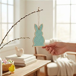 Tag Decorativa de Páscoa em MDF - Coelho de Glitter Azul Claro - 10,5x6cm - 2 unidades - Cromus - Rizzo