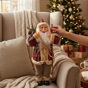 Papai Noel Decorativo em Pé com Saco e Mastro - Vermelho Xadrez - 45cm - 1 unidade - Rizzo