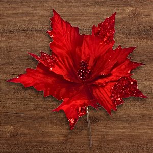 Poinsétia Decorativa - Veludo Vermelho com Glitter - 25,5x25x9cm - 1 unidade - Cromus - Rizzo