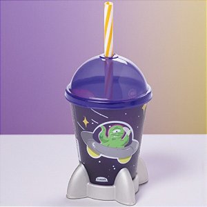 Copo Foguete com Tampa e Canudo - Alienígenas - 280ml - 1 unidade - Plasútil - Rizzo