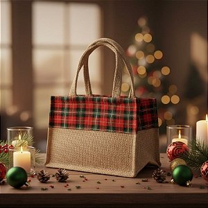 Sacola de Juta de Natal - Vermelho Xadrez - 24x14x14cm - 1 unidade - EcoArt - Rizzo
