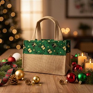 Sacola de Juta de Natal - Verde Presentes - 24x14x14cm - 1 unidade - EcoArt - Rizzo