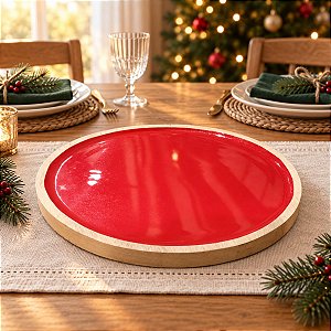 Bandeja Redonda de Madeira - Vermelho - 30,2x30,2x1,7cm - 1 unidade - Cromus - Rizzo