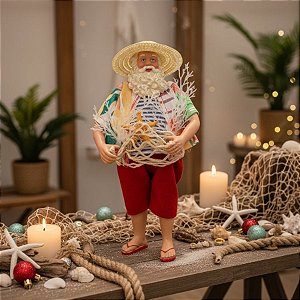 Papai Noel Decorativo em Pé Férias na Praia - Rede de Pesca - 28cm - 1 unidade - Rizzo