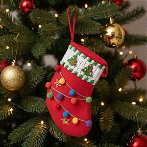 Meia de Natal para Pendurar - Popom Colorido - Vermelha - 21cm - 1 unidade - Cromus - Rizzo