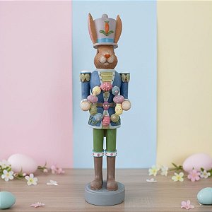 Enfeite Decorativo de Páscoa em Resina - Coelho em Pé Soldadinho com Guirlanda de Ovos - Linha Realeza Premium - 57cm -