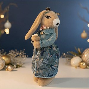 Enfeite Decorativo de Páscoa - Coelho em Pé com Vestido Bordado Azul - Linha Realeza Premium - 48x17x22cm - 1 unidade -