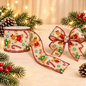 Fita Aramada Decorada de Natal - GingerBread com Roupa - 6,3cm x 2,74m  - 1 unidade - Rizzo