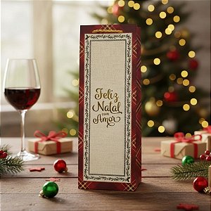 Sacola de Papel Premium Para Garrafa - Feliz Natal com Amor - 12x36x8,5cm - 1 unidade - Rizzo