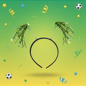 Tiara Rafia Pom Pom - Verde e Amarelo - 11,5x20cm  - 12 unidades - Rizzo