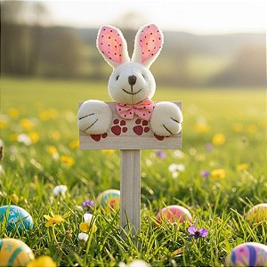 Mini Placa Patinhas Coelho de Páscoa com Laço Rosa de Bolinhas - 18,5cm - 1 unidade - Cromus - Rizzo