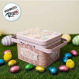 Lata de Metal Retangular com Alça Dupla de Páscoa - Feliz Páscoa - 15,3x12,7x10,6cm - 1 unidade - Rizzo - Rizzo