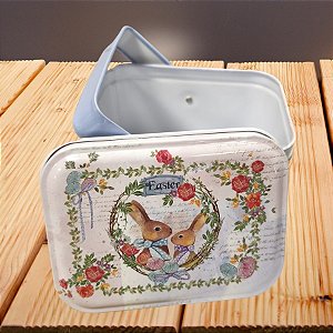 Lata de Metal Retangular com Alça de Páscoa - Coelha e Filho com Flores - 10,5x8x6cm  - 1 unidade - Rizzo - Rizzo