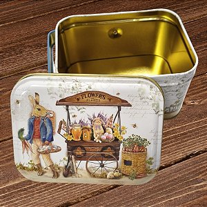 Lata de Metal Retangular com Alça de Páscoa - Coelho e Carrinho de Flores - 10,5x8x6cm  - 1 unidade - Rizzo - Rizzo