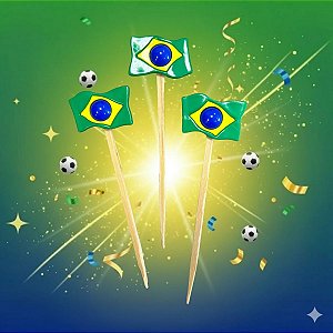 Pick Decorativo Para Doces - Bandeira do Brasil - Copa do Mundo - 10cm - 10 unidades - Rizzo