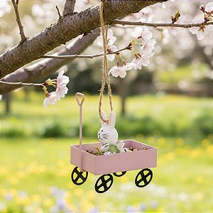 Enfeite Para Pendurar de Páscoa - Carrinho de Mão Rosa com Coelho - 8,5x6x4cm - 1 unidade - Cromus - Rizzo
