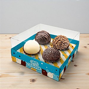 Caixa Para 4 Doces com Tampa Cristal - Doçura Azul - 9x9x4,5cm - 5 unidades - Regina - Rizzo