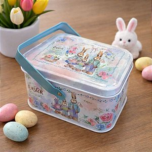 Lata de Metal Retangular com Alça de Páscoa - Família de Coelhinhos - 10,5x8x6cm - 1 unidade - Rizzo