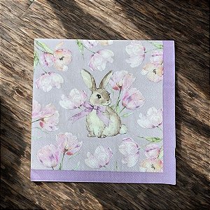Guardanapo de Páscoa - Coelho com Flores e Fundo Roxo - 33x33cm - 20 unidades - Cromus - Rizzo