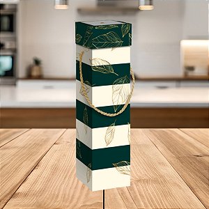 Caixa para Garrafa com Alça - Verde com Folhagem Dourada - 8,5x33x8,5cm - 1 unidade - Regina - Rizzo