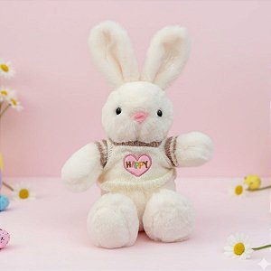 Coelho de Pelúcia Branco com Blusa Happy - Branco e Rosa - 38,5x24x14cm - 1 unidade - Rizzo