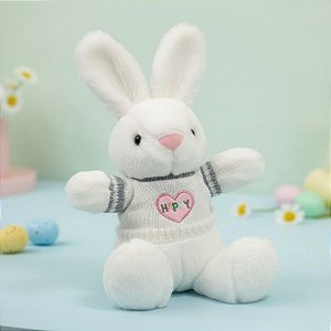 Coelho de Pelúcia Branco com Blusa Happy - Branco e Azul - 38,5x24x14cm - 1 unidade - Rizzo
