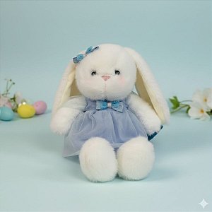 Coelho de Pelúcia Branco de Vestido - Azul - 36x21x9cm - 1 unidade - Rizzo