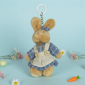 Chaveiro Coelho de Pelúcia Bege de Vestido Xadrez - Azul - 14x7x3cm - 1 unidade - Rizzo