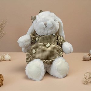 Coelho de Pelúcia Branco com Vestido Xadrez - Marrom - 31x23x8cm - 1 unidade - Rizzo