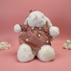 Coelho de Pelúcia Branco com Vestido Xadrez - Vermelho - 31x23x8cm - 1 unidade - Rizzo