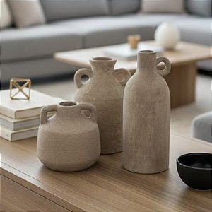 Kit Vasos Decorativos Orgânicos de Cerâmica - Cinza Claro - 3 peças - 23,5x17x11cm - 1 unidade - Cromus - Rizzo