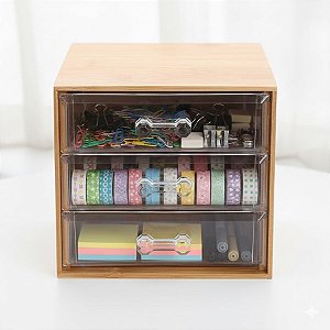 Mini Gaveteiro de Mesa 3 Gavetas - Bambu e Acrílico - 15x12x11cm - 1 unidade - Cromus - Rizzo