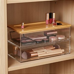 Caixa Organizador Duplo - Acrílico com Tampa de Bambu - 19x10x9cm - 1 unidade - Cromus - Rizzo