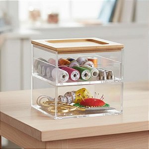 Caixa Organizador Duplo - Acrílico com Tampa de Bambu - 10x9x9cm - 1 unidade - Cromus - Rizzo
