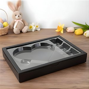 Caixa Meio Ovo Coração Plano com 3 Docinhos - Preto - 16x22,5cm - 5 unidades - Rizzo