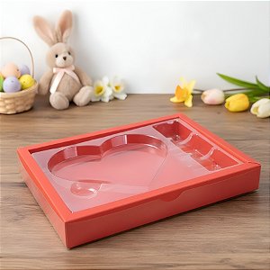 Caixa Meio Ovo Coração Plano com 3 Docinhos - Vermelho - 20,5x13,5x2cm - 5 unidades - Crystal - Rizzo