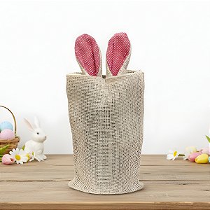 Saco de Juta de Páscoa com Orelha Rosa Poá Branco - 1 unidade - EcoArt - Rizzo