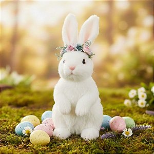 Enfeite Decorativo de Páscoa - Coelho com Tiara de Flores - 26,5x14x12cm - 1 unidade - Cromus - Rizzo