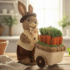Enfeite Decorativo de Páscoa - Coelho de Palha com Carroça de Cenouras - 28x12x24cm - 1 unidade - FlorArte - Rizzo