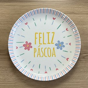 Prato de Sobremesa de Páscoa em Melamina - Feliz Páscoa - Azul e Rosa - 20x20cm - 1 unidade - FlorArte - Rizzo