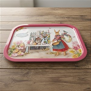 Bandeja Decorativa de Páscoa - Coelha de Vestido Vermelho - Rosa - 37x25,5cm - 1 unidade - Rizzo