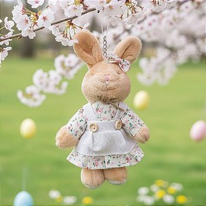 Mini Coelha Para Pendurar Bege - Vestido Florido - 20cm - 1 unidade - Rizzo