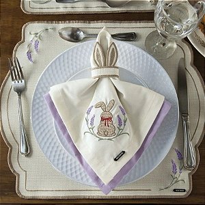 Guardanapo de Tecido de Páscoa com Porta Guardanapo Bordado - Silhueta de Coelho e Lavandas - 43x43cm - 2un - Rizzo