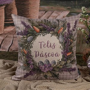 Capa para Almofada de Páscoa Premium - Guirlanda de Lavandas Feliz Páscoa - Xadrez Lilás - 43x43cm - 1 unidade - Rizzo