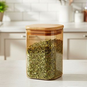 Pote de Vidro Âmbar Hermético com Tampa de Bambu - 6x10cm - 225ml - 1 unidade - Rizzo