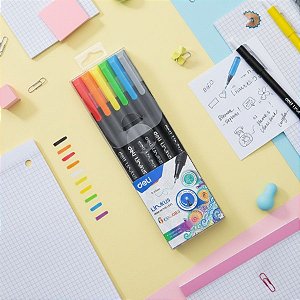 Kit de Caneta Fineliner Linkus com 6 Cores - Sortido - Ponta de Metal Nylon 0,45mm - 1 unidade - Deli - Rizzo