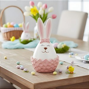 Potinho de Cerâmica de Páscoa com Tampa - Coelha Rosa e Branca - 13x8x8cm - 1 unidade - Cromus - Rizzo