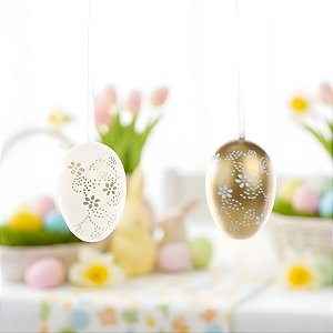 Saco de Ovinhos de Páscoa Decorativos para Pendurar - Dourado e Branco - 6x4x4cm - 9 unidades - Cromus - Rizzo