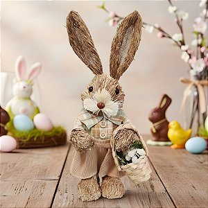Enfeite Decorativo de Páscoa - Coelho com Cesta de Flores - 15x33x11cm - 1 unidade - Cromus - Rizzo